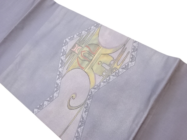 変わり横段に抽象模様織出し開き名古屋帯（額縁仕立て）